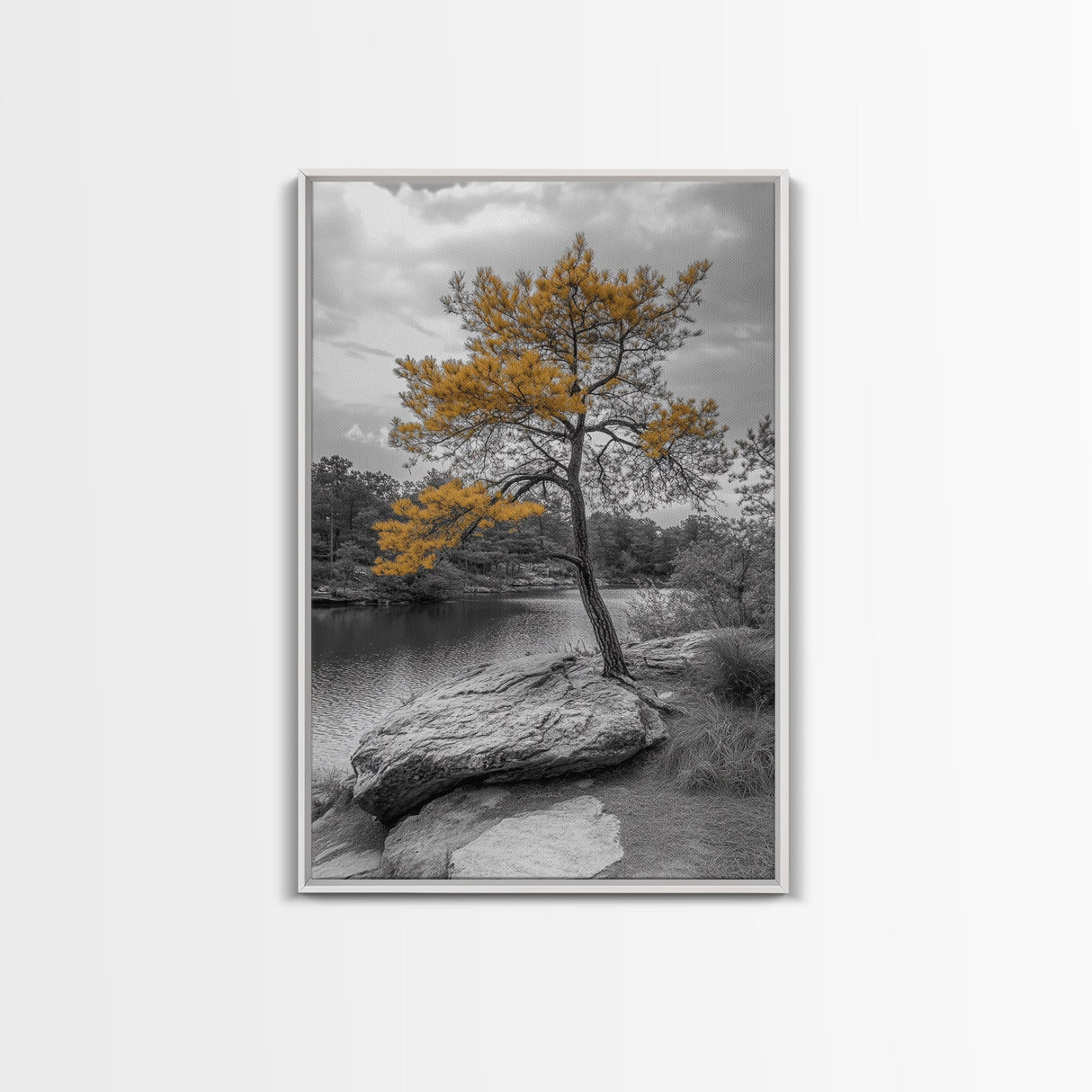 Golden Tree View, Nature Serenity, Fall Lake Art, Peaceful Pine, Framed Canvas Print, living room wall art, minimalist landscape print