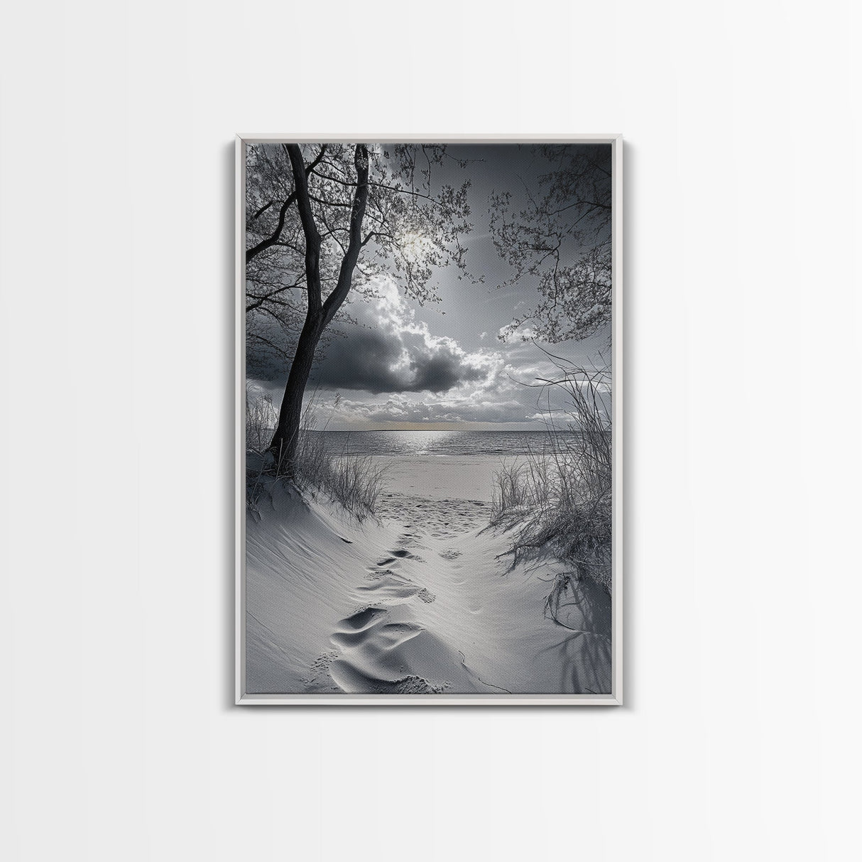 Beach Dunes Sunset, Seaside Escape, Quiet Shore Path, Coastal Calm, Framed Canvas Print, neutral coastal art,  bathroom wall decor