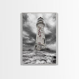 Rustic Lighthouse Shore, Weathered Tower Art, Stormy Coast Scene, Moody Seaside, Framed Canvas Print, nautical bathroom or den wall decor