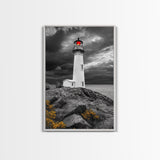 Red Beacon Lighthouse, Rocky Coast Light, Dramatic Storm Sky, Ocean Guide, Framed Canvas Print, nautical office wall art, bold coastal art