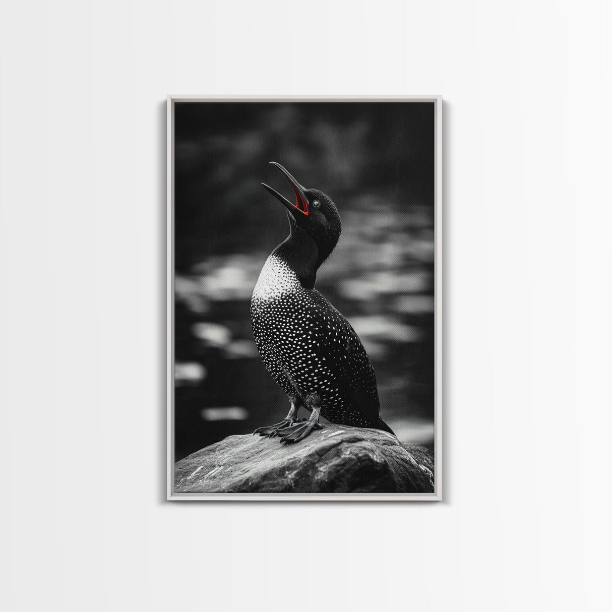 Loon Call, Singing Bird, Red Beak, Monochrome Framed Canvas Print, Wildlife Wall Decor, Bird Lover Wall Art, Rustic Cabin Accent