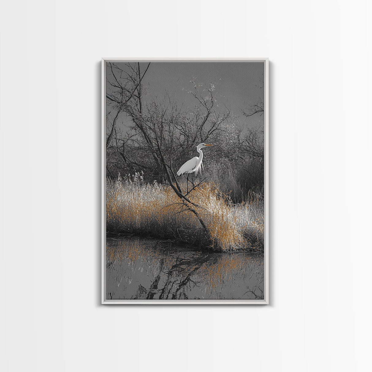 Egret Bird Scene, Autumn Riverbank, Wildlife Nature Print, Moody Wetland Landscape, Framed Canvas Print, Rustic Living Room Wall Art