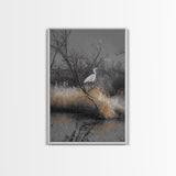 Egret Bird Scene, Autumn Riverbank, Wildlife Nature Print, Moody Wetland Landscape, Framed Canvas Print, Rustic Living Room Wall Art