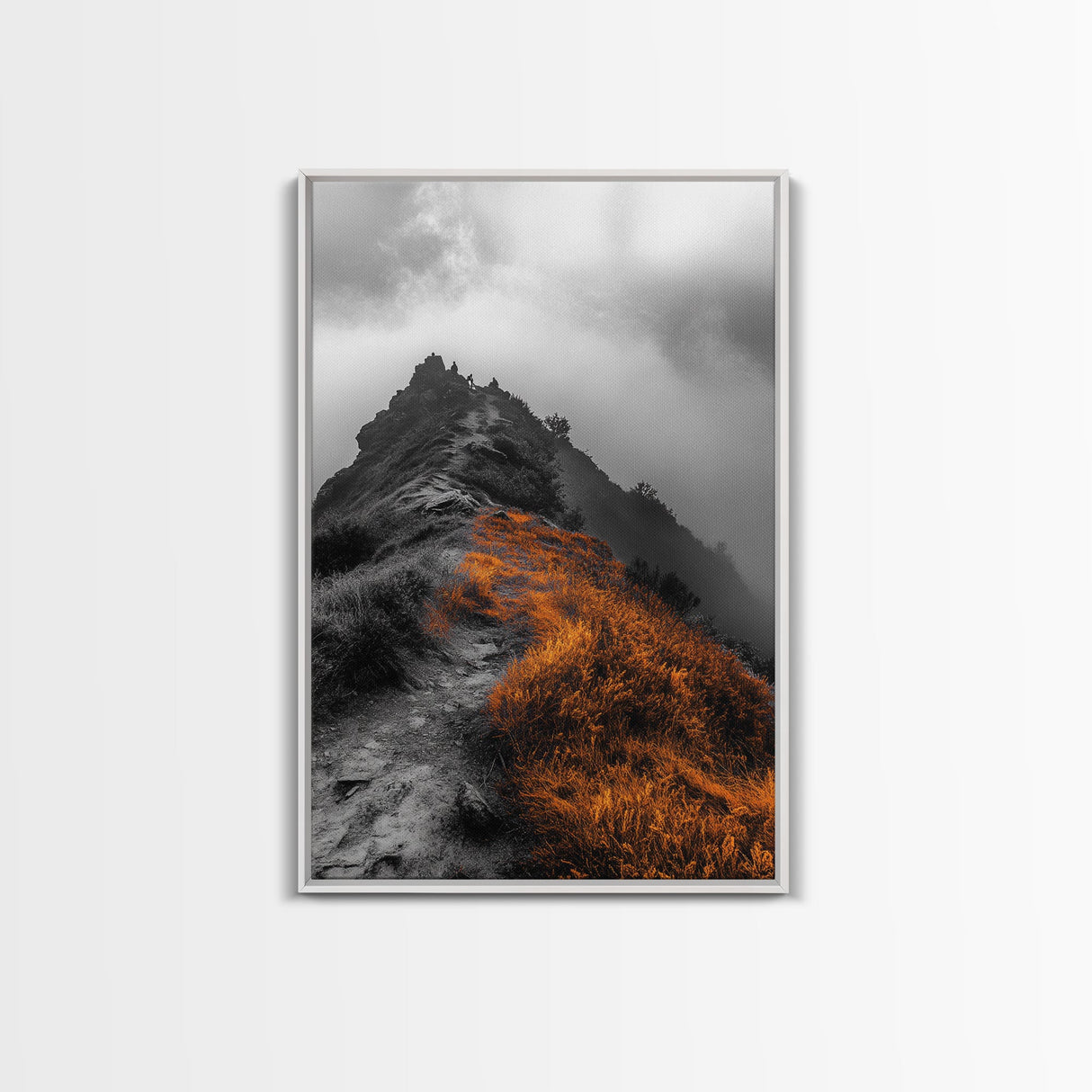 Misty Mountain Hike, Orange Trail Grass, Adventure Explorer Print, Moody Wilderness Scene, Framed Canvas Print, Rustic Cabin Wall Art