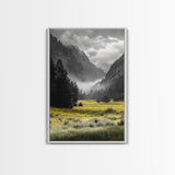 Yellow Meadow Valley, Foggy Mountain Scene, Serene Landscape Photography, Framed Canvas Print, Nature Lover Living Room Wall Art