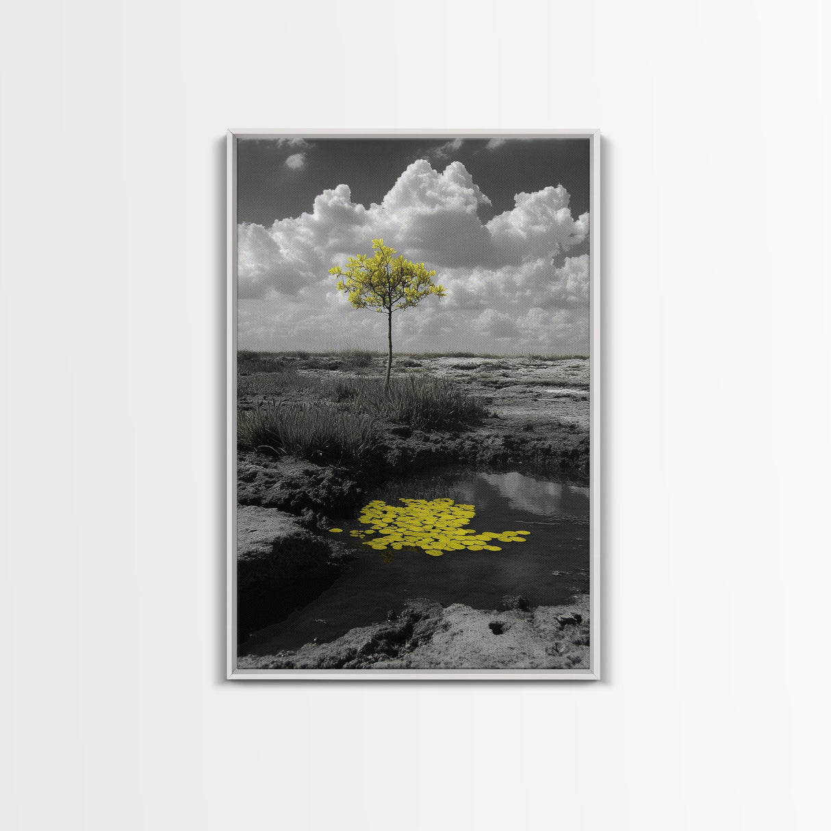 Solitary Tree, Desert Reflection, Yellow Leaves, Framed Canvas Print, Minimalist Wall Art, Bedroom Decor, Nature Fine Art Landscape