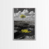 Solitary Tree, Desert Reflection, Yellow Leaves, Framed Canvas Print, Minimalist Wall Art, Bedroom Decor, Nature Fine Art Landscape