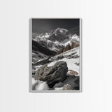 Snowy Alpine Scene, Winter Mountainscape, Nature Photography, Framed Canvas Print, Lodge Wall Art, Cabin Decor, Black and White Art