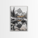 Snow Reflection Forest, Autumn Trees, Serene Mountain River, Framed Canvas Print, Bedroom Wall Art, Peaceful Cabin Scene, Fall Art