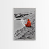 Red Cloaked Solitude, Minimalist Seashore, Peaceful Hooded Figure, Framed Canvas Print, Meditation Room Art, Surreal Photography