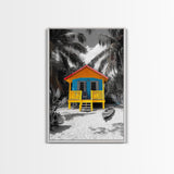 Tropical House, Beach Cabin, Bright Home, Summer Colors, Framed Canvas Print coastal wall decor, boho beach house art, tropical wall art
