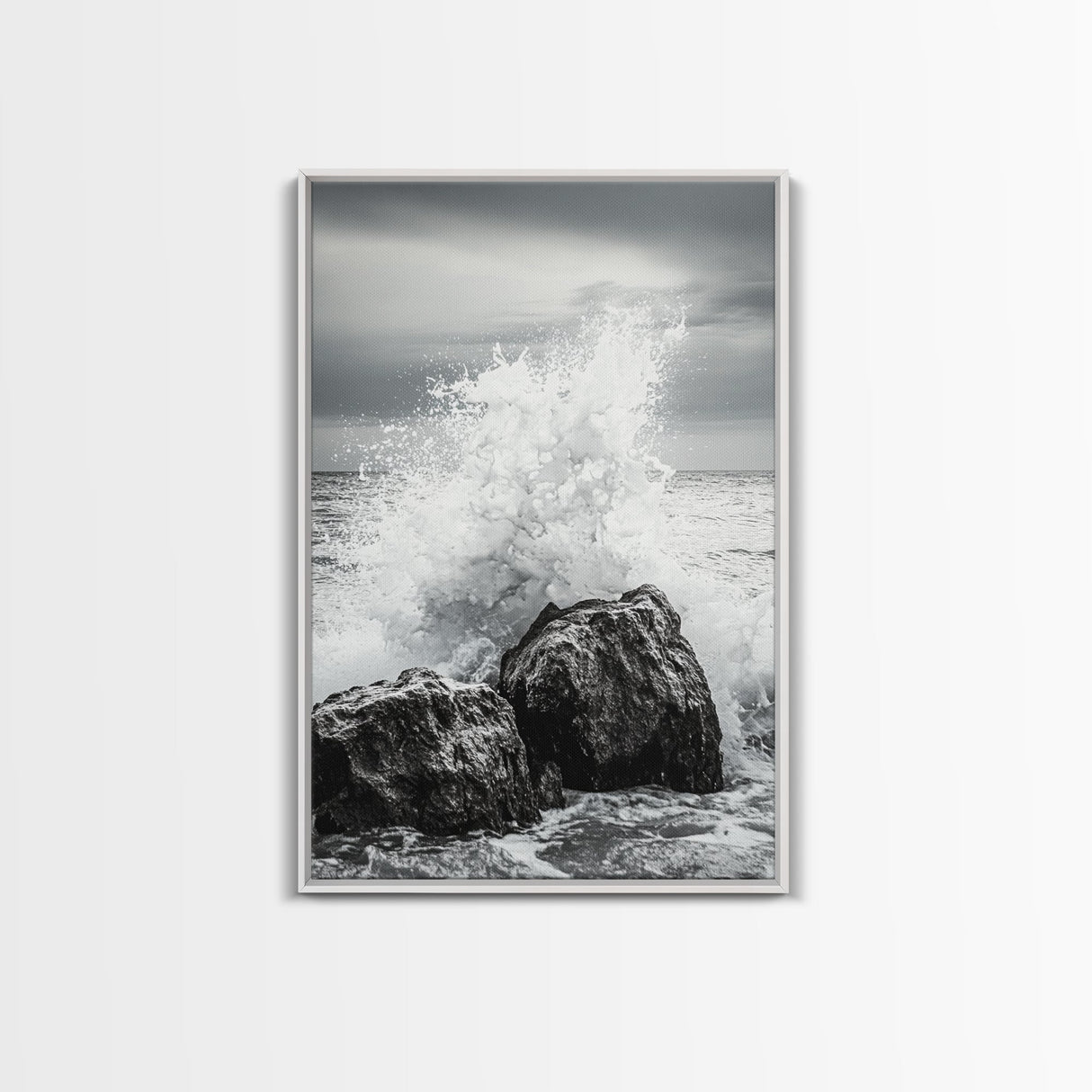 Ocean Splash, Rocky Coast, Dramatic Seascape, Monochrome Power, Framed Canvas Print, Coastal Wall Art, Entryway or Office Decor