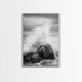 Ocean Splash, Rocky Coast, Dramatic Seascape, Monochrome Power, Framed Canvas Print, Coastal Wall Art, Entryway or Office Decor