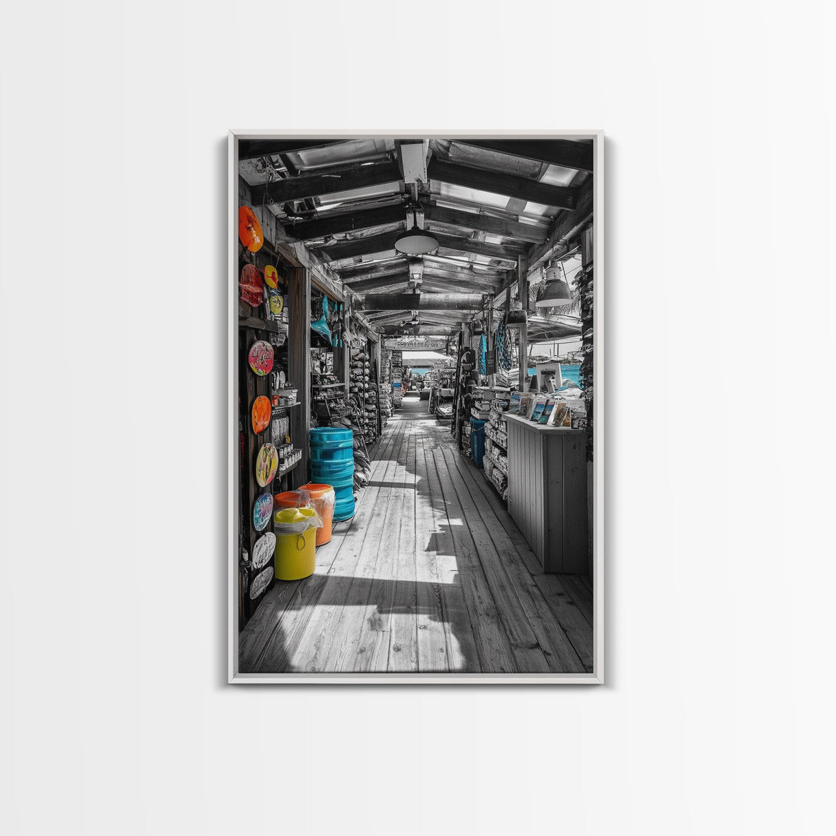 Market Stroll, Beach Shop, Coastal Market, Tropical Life, Framed Canvas Print, Boho Beach Art, Kitchen or Entryway Wall Art