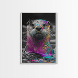 Colorful Otter, Vibrant Animal, Rainbow Fur, Framed Canvas Print, Kids Room Decor, Whimsical Wildlife Art, Playroom Wall Art, Bold Style