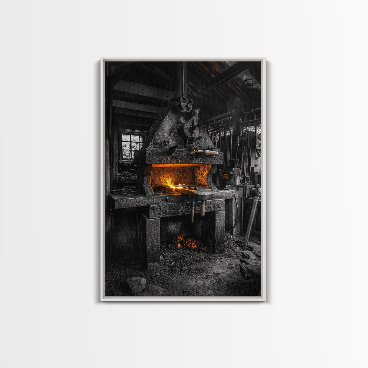 Forge Fire, Rustic Workshop, Industrial Heat, Metal Craft, Framed Canvas Print blacksmith decor, man cave wall art, moody workshop vibe
