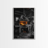 Forge Fire, Rustic Workshop, Industrial Heat, Metal Craft, Framed Canvas Print blacksmith decor, man cave wall art, moody workshop vibe