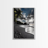 Sunset Beach, Rocky Coast, Dramatic Sky, Bold Light, Framed Canvas Print tropical sunset wall art, beach photography, bathroom decor