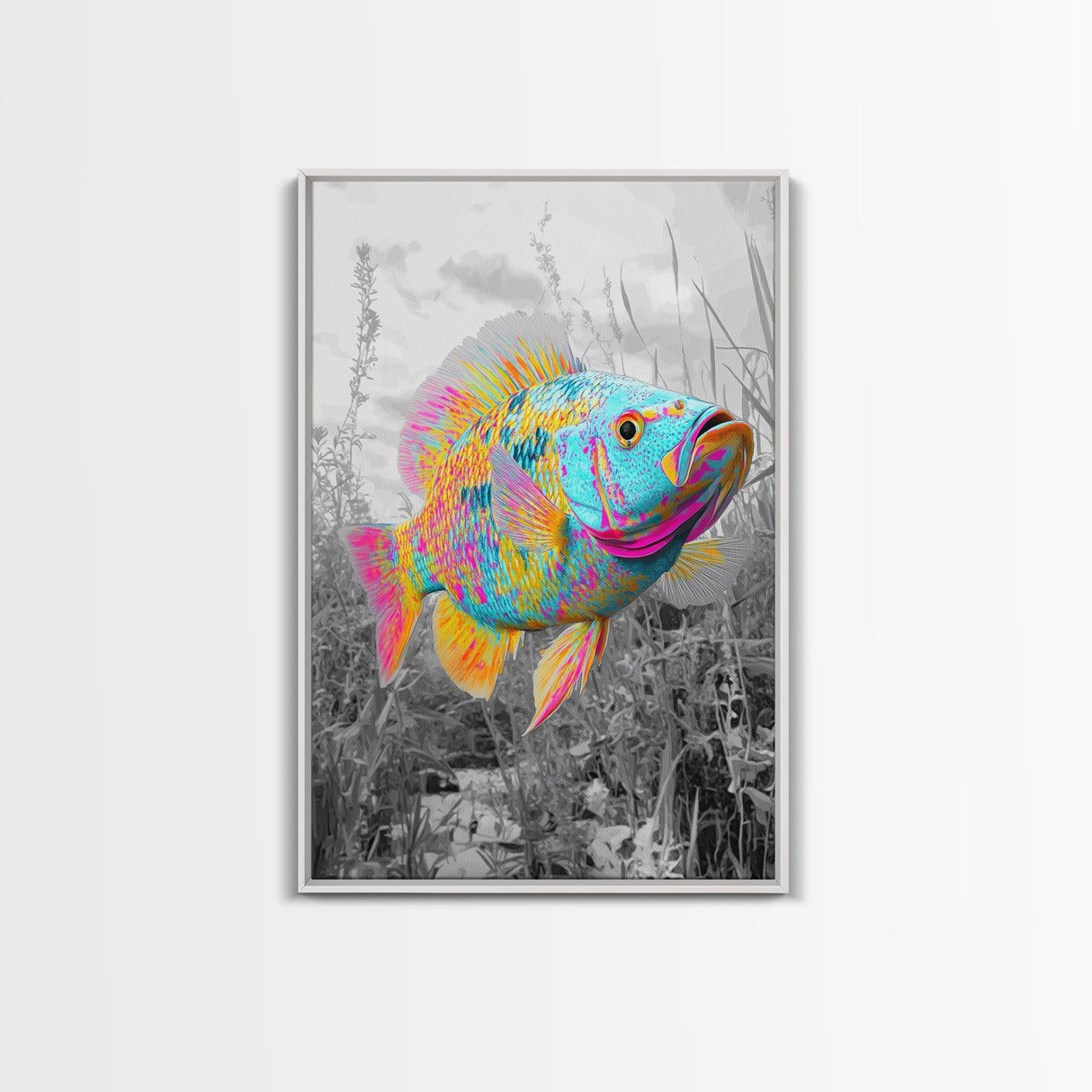 Neon Fish, Color Splash, Bright Animal, Vibrant Water, Framed Canvas Print psychedelic aquatic art, kids room fish wall decor, animal print