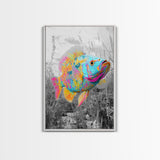 Neon Fish, Color Splash, Bright Animal, Vibrant Water, Framed Canvas Print psychedelic aquatic art, kids room fish wall decor, animal print