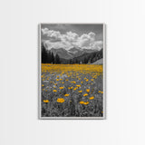 Yellow Wildflowers, Mountain Field, Blooming Meadow, Framed Canvas Print, Nature Photography, Rustic Decor, Dining Room Wall Art