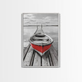Red Rowboat, Dock Stillness, Minimalist Lake Scene, Canvas Print, Nautical Wall Art, Bathroom Decor, Tranquil Seascape, Coastal Aesthetic