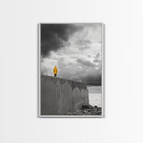 Yellow Raincoat, Ocean Storm, Moody Skies, Framed Canvas Print, Minimalist Wall Art, Coastal Entryway Decor, Contemplative Scene