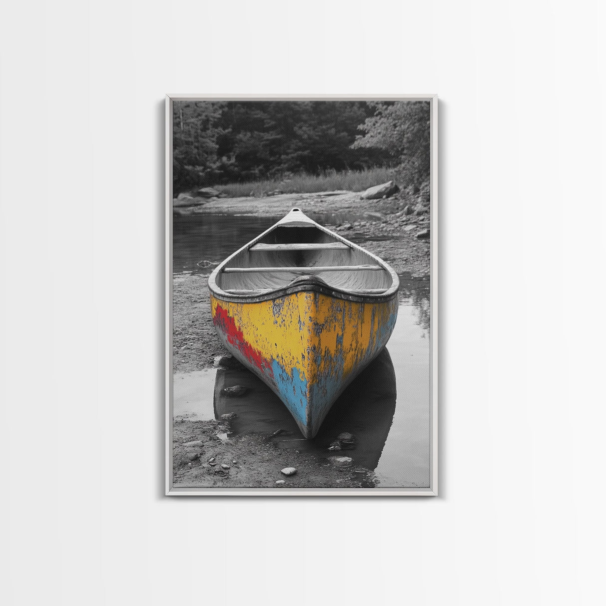 Rustic Canoe, Weathered Paint, River Adventure Art, Framed Canvas Print, Cabin Wall Decor, Color Pop Nature Photography