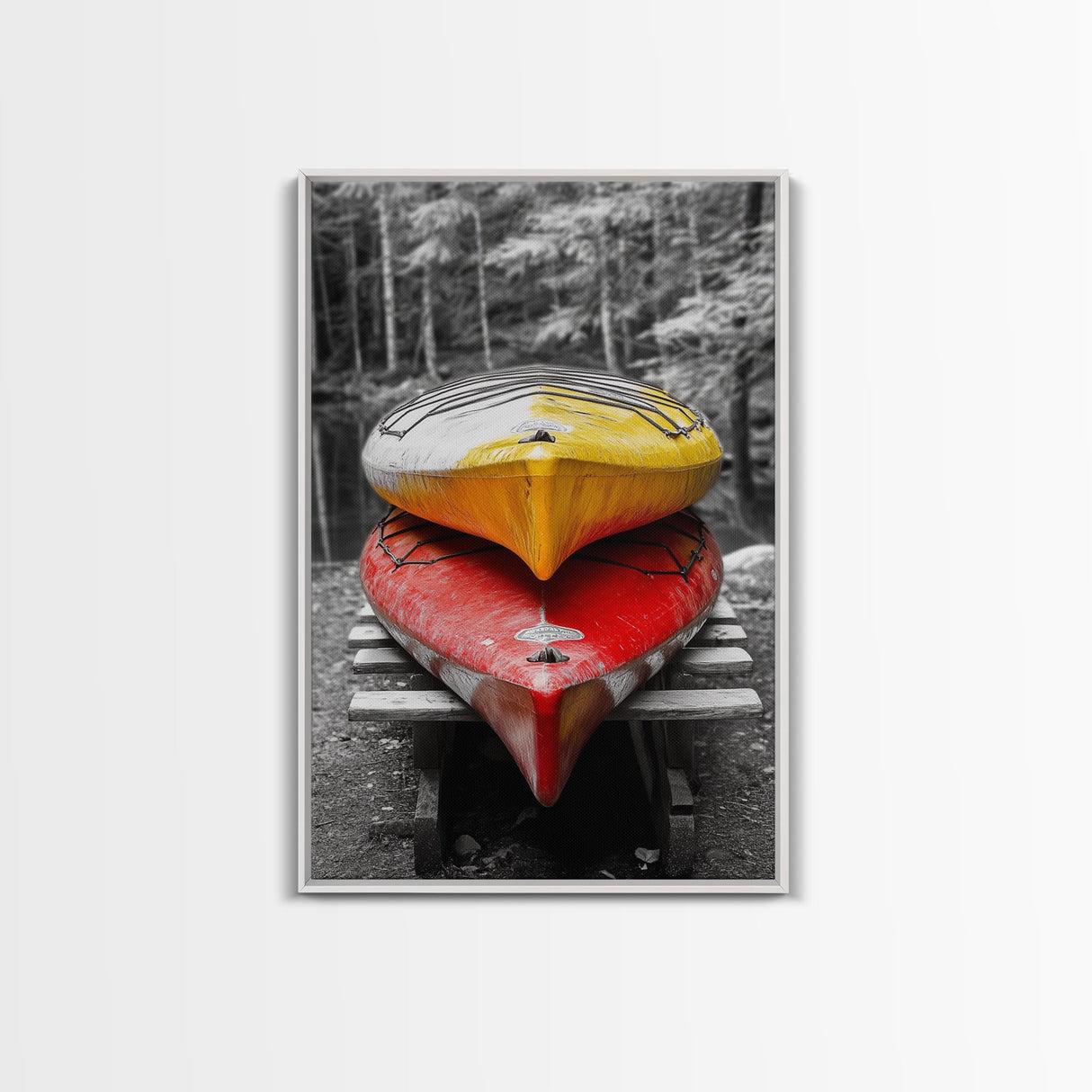 Stacked Kayaks, Red and Yellow, Forest Wall Art, Canvas Print, Adventure Photography, Outdoor Cabin Decor, Fall Travel Vibes