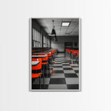 Retro Cafeteria, Red Chairs, Midcentury Modern Art, Canvas Print, Black and White Pop Art, Kitchen Wall Decor, Industrial Style