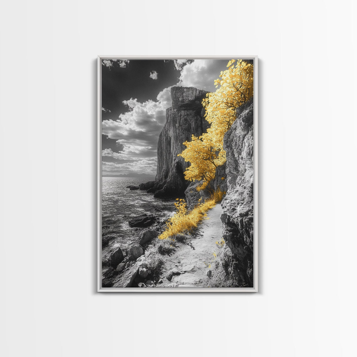 Golden Trees, Dramatic Cliff Path, Ocean Horizon, Nature Escape, Framed Canvas Print, Rustic Wall Art, Autumn Decor, Entryway Art