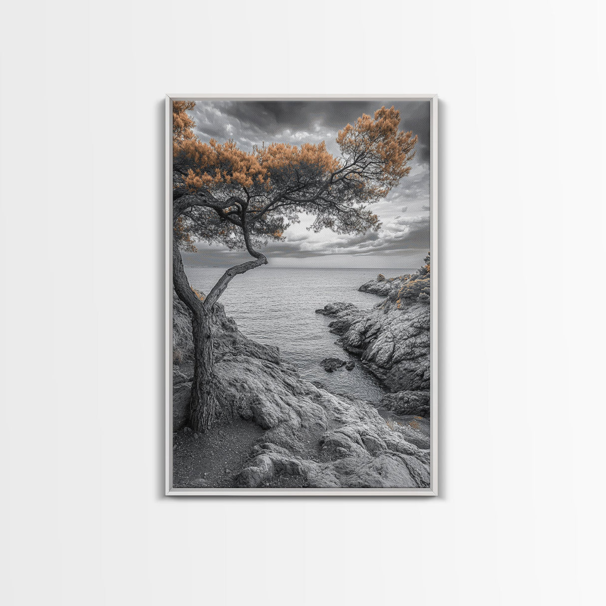 Coastal Tree, Ocean Horizon, Windswept Shoreline, Tranquil Mood, Framed Canvas Print, Minimalist Wall Art, Neutral Tones, Zen Decor