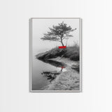 Red Bench, Misty Shore, Solitude Scene, Moody Fog Art, Framed Canvas Print, Minimalist Wall Art, Meditative Decor, Entryway Accent