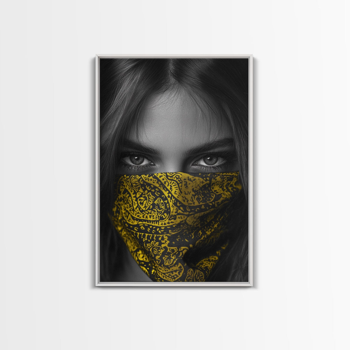 Yellow Bandana Girl, Intense Eyes, Street Portrait, Framed Canvas Print, Modern Photography, Teen Bedroom Wall Art, Bold Style