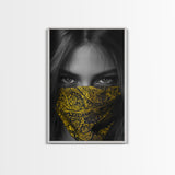Yellow Bandana Girl, Intense Eyes, Street Portrait, Framed Canvas Print, Modern Photography, Teen Bedroom Wall Art, Bold Style