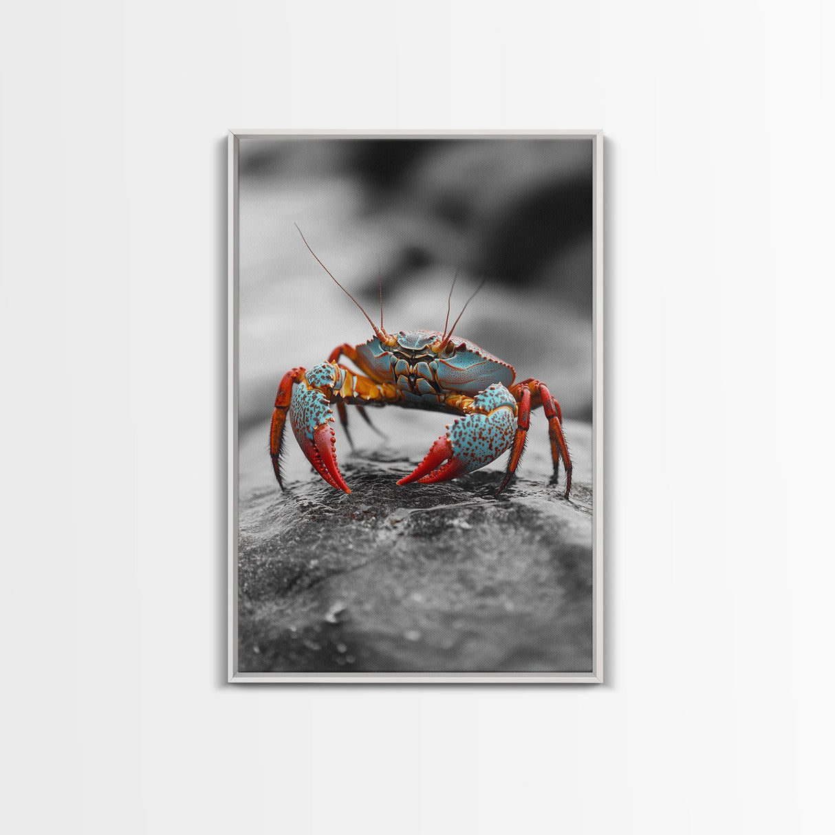 Blue Crab, Vibrant Shell, Coastal Creature Art, Framed Canvas Print, Bathroom Wall Art, Nautical Theme Decor, Ocean Wildlife Art