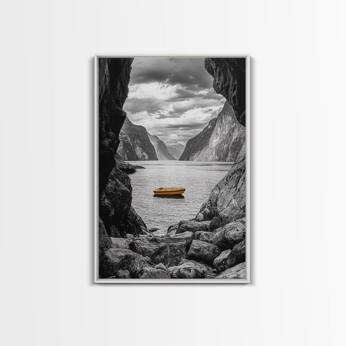 Yellow Boat, Mountain Lake, Serene Fjord Scene, Framed Canvas Print, Minimalist Wall Art, Nature Landscape, Scandinavian Decor