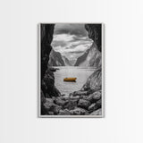 Yellow Boat, Mountain Lake, Serene Fjord Scene, Framed Canvas Print, Minimalist Wall Art, Nature Landscape, Scandinavian Decor