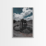 Elephant Reflection, Watering Hole, Savannah Sky, Framed Canvas Print, Wildlife Wall Art, Safari Style Decor, Nature Photography