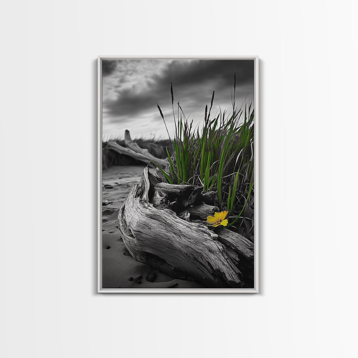 Wild Bloom, Yellow Flower, Driftwood and Grass, Moody Beach Scene, Framed Canvas Print, Autumn Wall Art, Nature Decor, Cozy Home Accent
