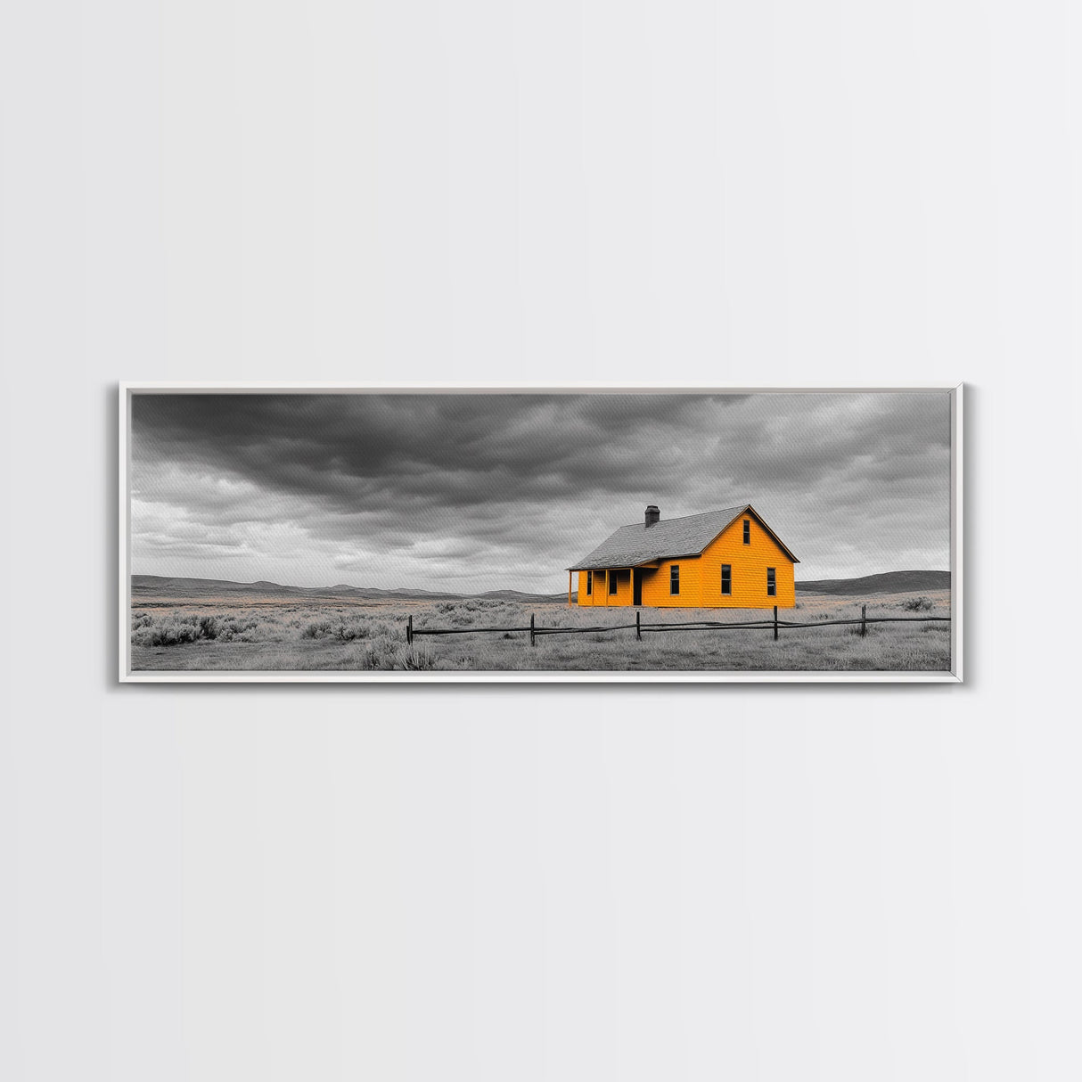 Yellow House, Stormy Sky, Minimalist Landscape, Rural Farmhouse, Framed Canvas Print, Rustic Wall Decor, Living Room Wall Art