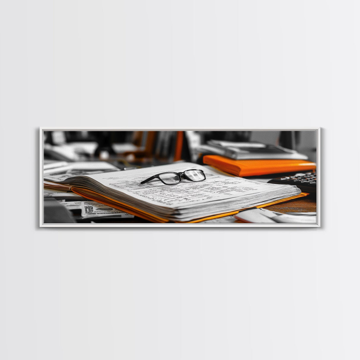 Open Book, Glasses, Orange Folders, Writer Desk, Framed Canvas Print, Study Room Wall Art, Vintage Academic Aesthetic