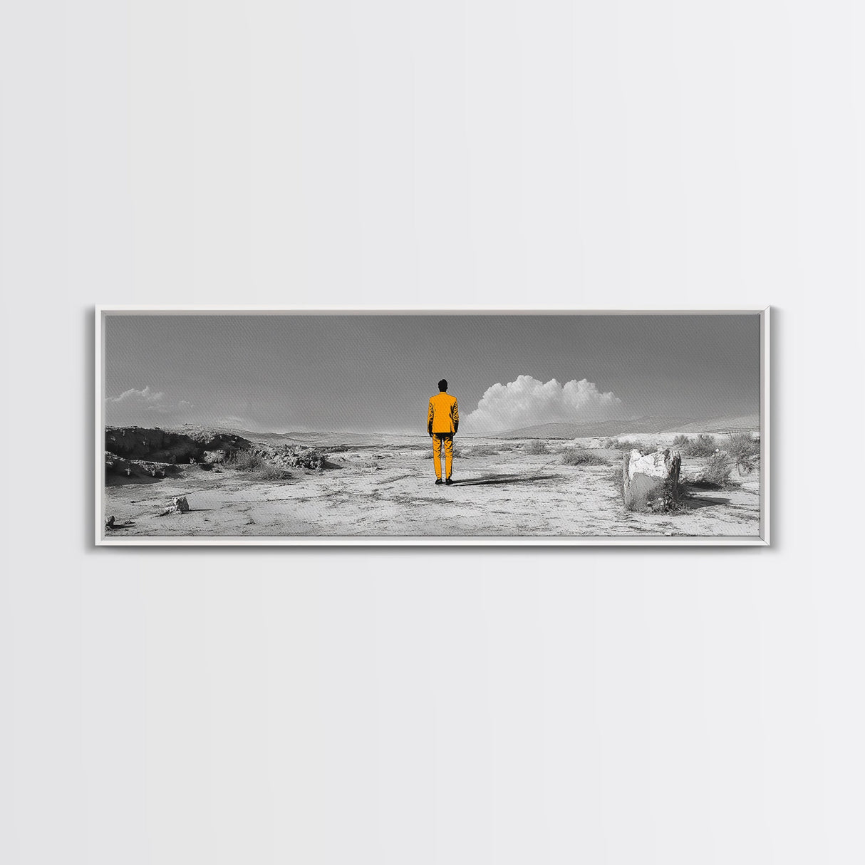 Yellow Suit, Surreal Desert, Lone Wanderer, Conceptual Art — Framed Canvas Print, Modern Art, Office Decor, Minimalist Statement Piece