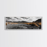 Desert Creek, Rugged Mountains, Golden Shrubs, Nature Path — Framed Canvas Print, Autumn Wall Decor, Rustic Office Art, Landscape Canvas