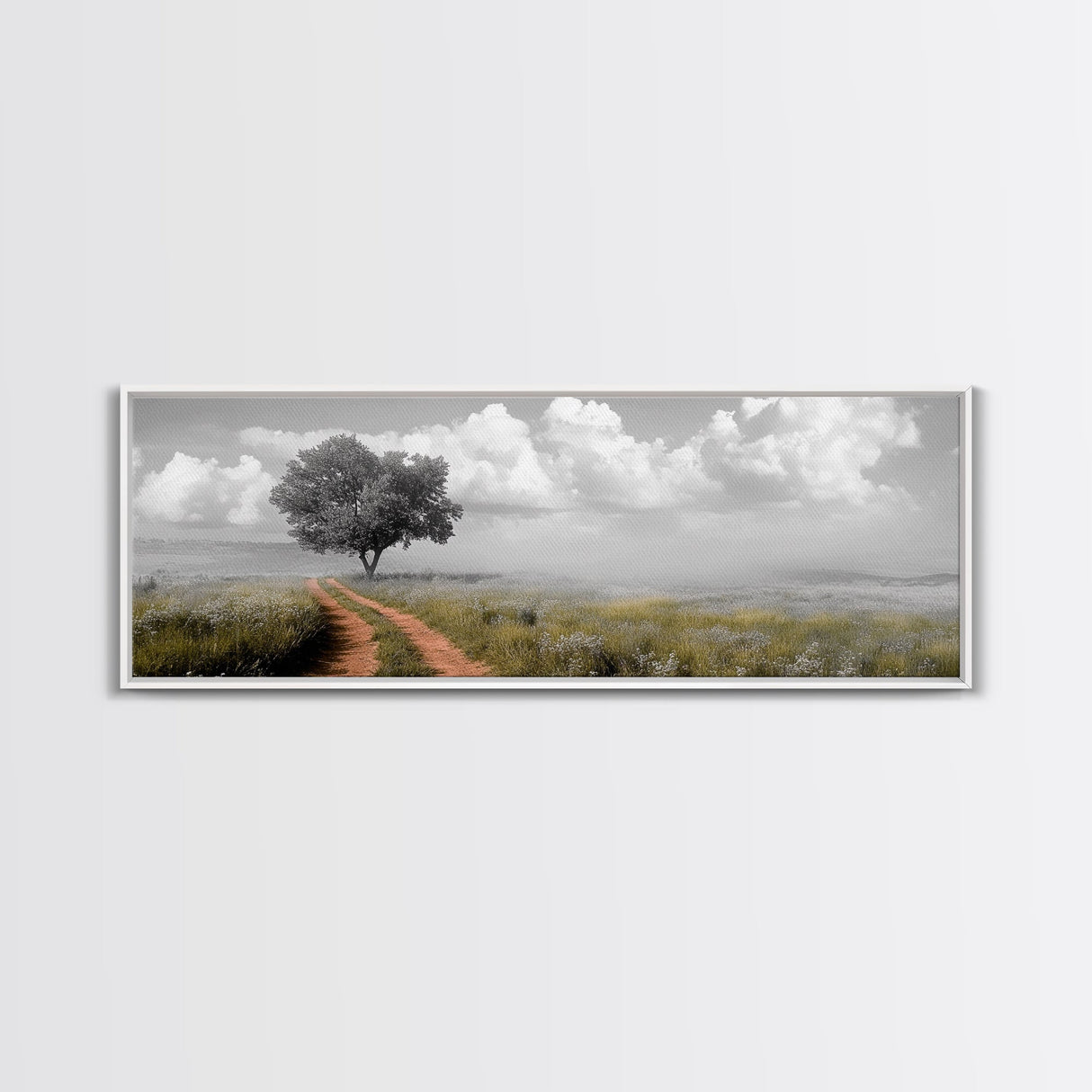 Lone Tree, Meadow Path, Dreamy Field, Cloudy Sky, Framed Canvas Print, Calm Decor, Entryway Wall Art, Soft Focus Nature