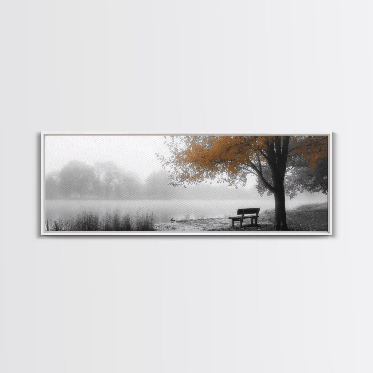 Foggy Lake, Autumn Tree, Peaceful Bench, Serene Nature, Framed Canvas Print, Fall Wall Decor, Zen Living Room Art, Bedroom Decor