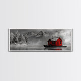 Red Cabin in Fog, Mountain Lake Boat House, Canvas Print, Winter Lodge Wall Art, Moody Nature Decor, Black and White Landscape Art