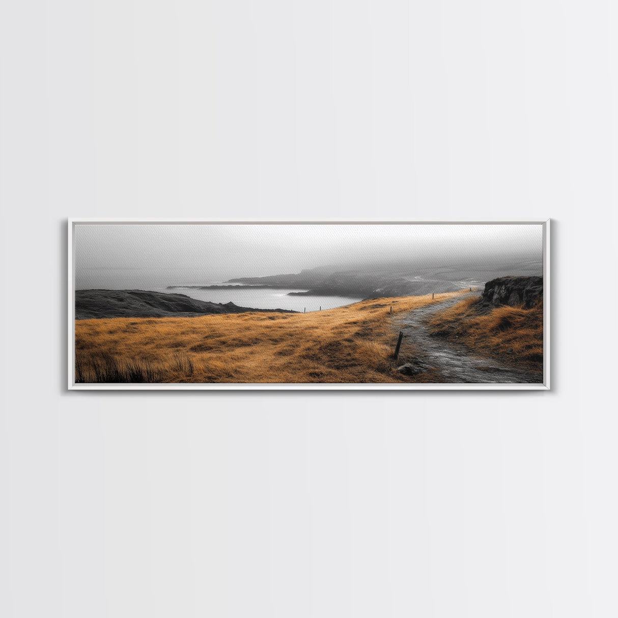 Coastal Cliff Path, Golden Grasses by Sea, Canvas Print, Autumn Hiking Scene, Misty Nature Wall Art, Hallway Landscape Photography