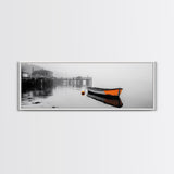 Harbor Rowboat Reflection, Foggy Dock Scene, Framed Canvas Print, Coastal Minimalist Wall Art, Seaside Entryway Decor, Moody Ocean Art