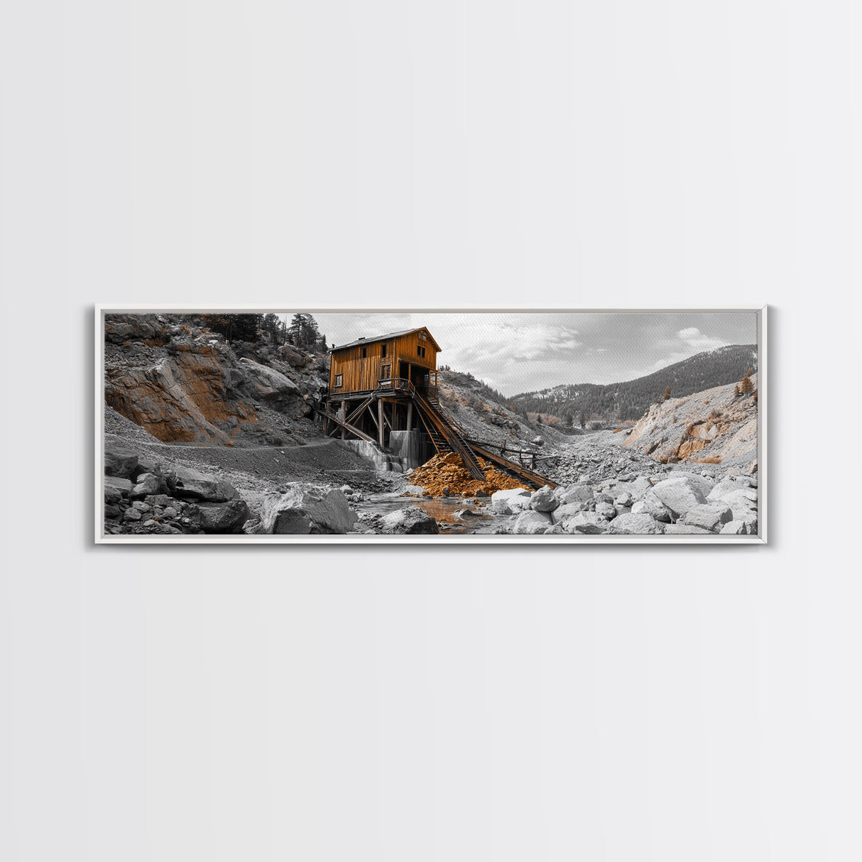 Desert Mine Cabin, Rustic Gold Landscape, Abandoned Building Scene, Framed Canvas Print, Western Art, Office Wall Decor